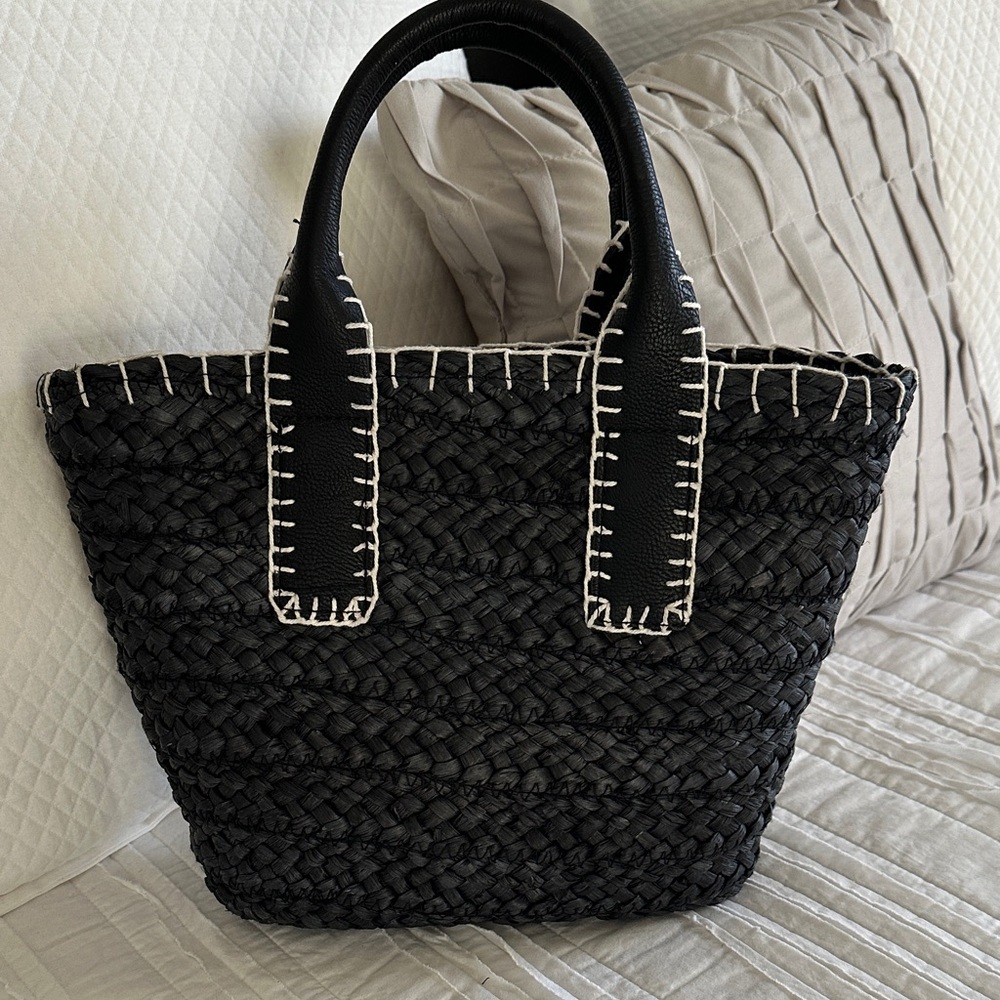 Navy Woven Tote Bag with White Stitching